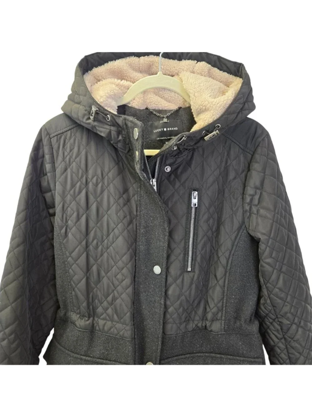 Lucky Brand Mixed Media Wool Blend Quilted Hooded Coat Size Medium